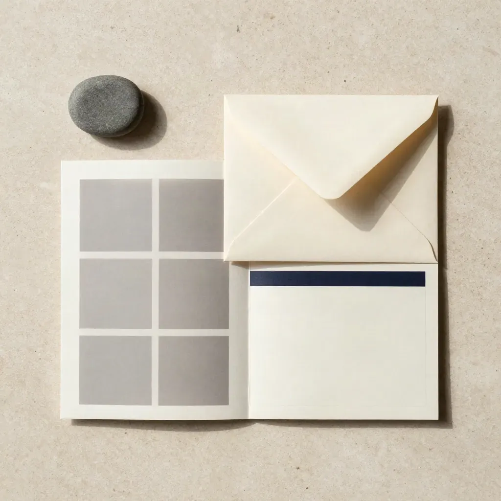 Overhead Chelsea condo-search folio on travertine with cream envelope and stone weight.
