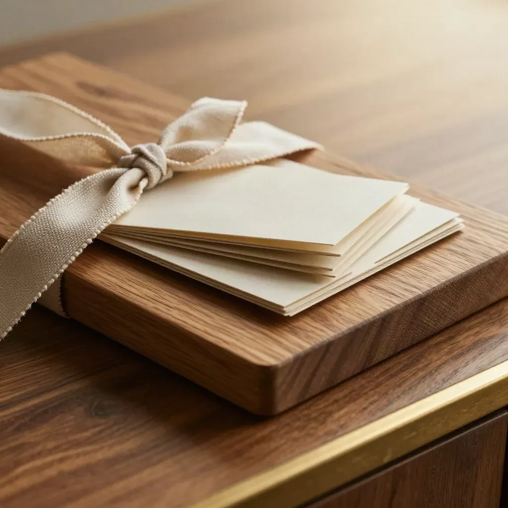 Oak-toned Napa lease kit with linen ribbon and folded inserts in warm raking light.