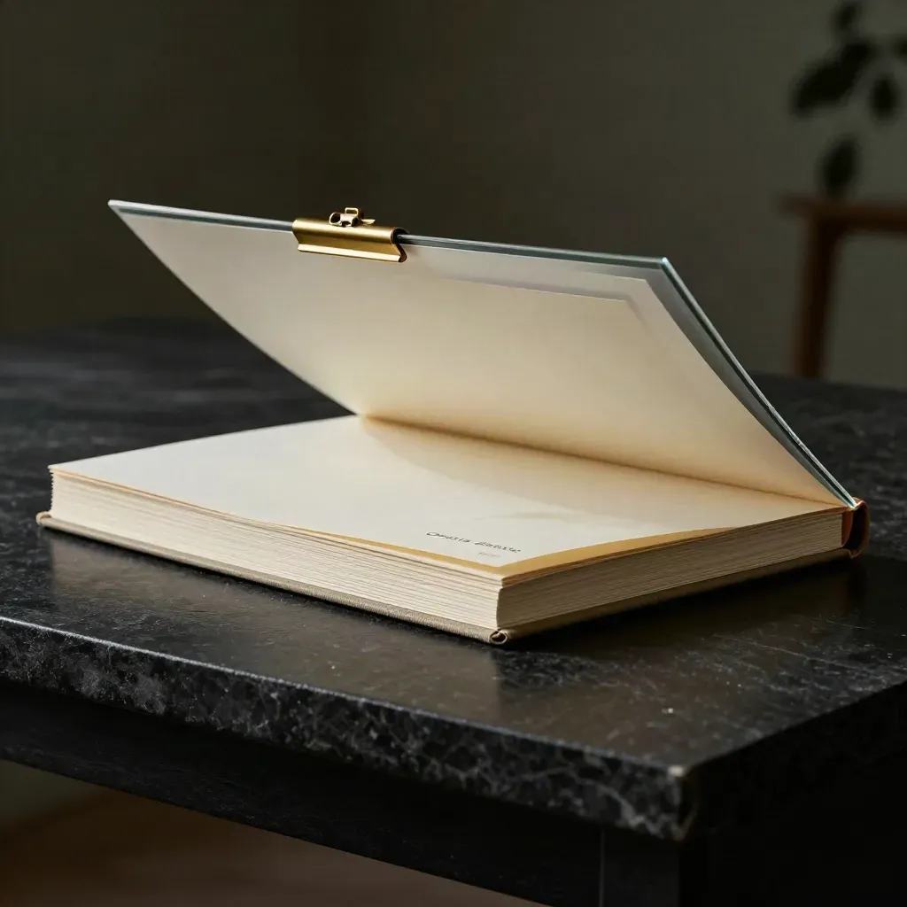Ivory valuation package with glassine sleeve and brass clip on matte black stone in dramatic light.