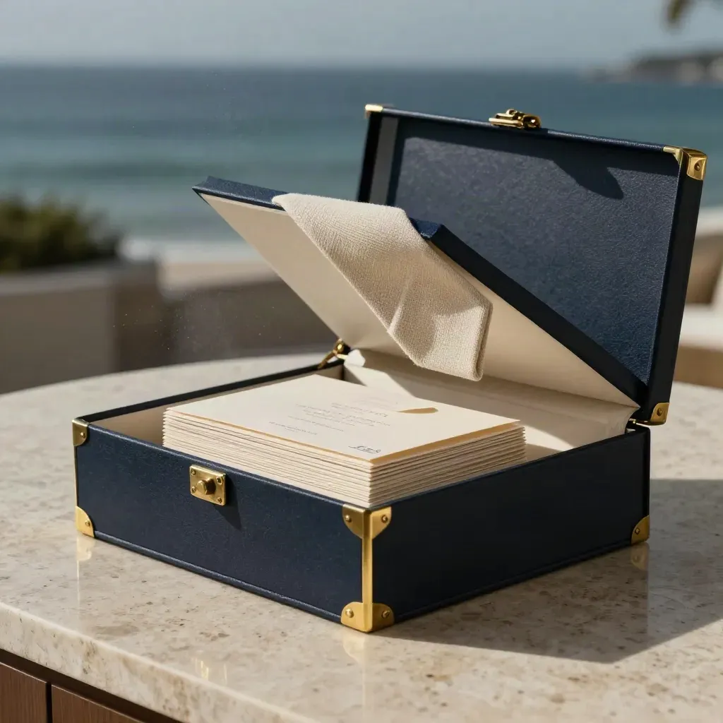 Luxury navy estate presentation box with cream inserts and brass corners on travertine.