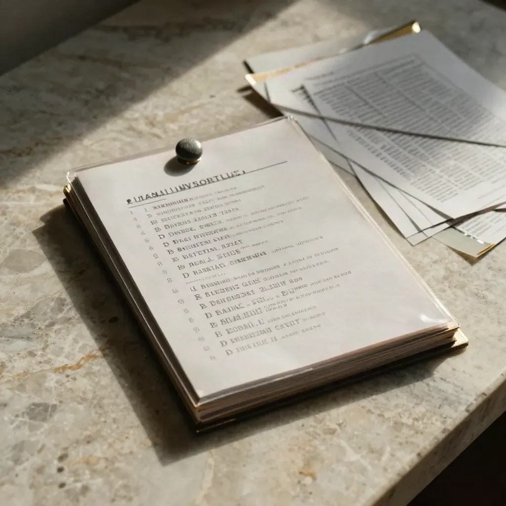Investor shortlist documents with clear sleeves, charcoal tabs, and a stone weight on limestone.