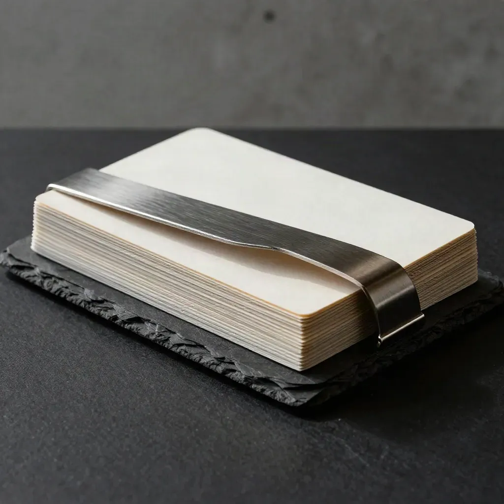 Slate folio, ivory cards, and brushed metal clip in a dramatic luxury relocation kit on black.