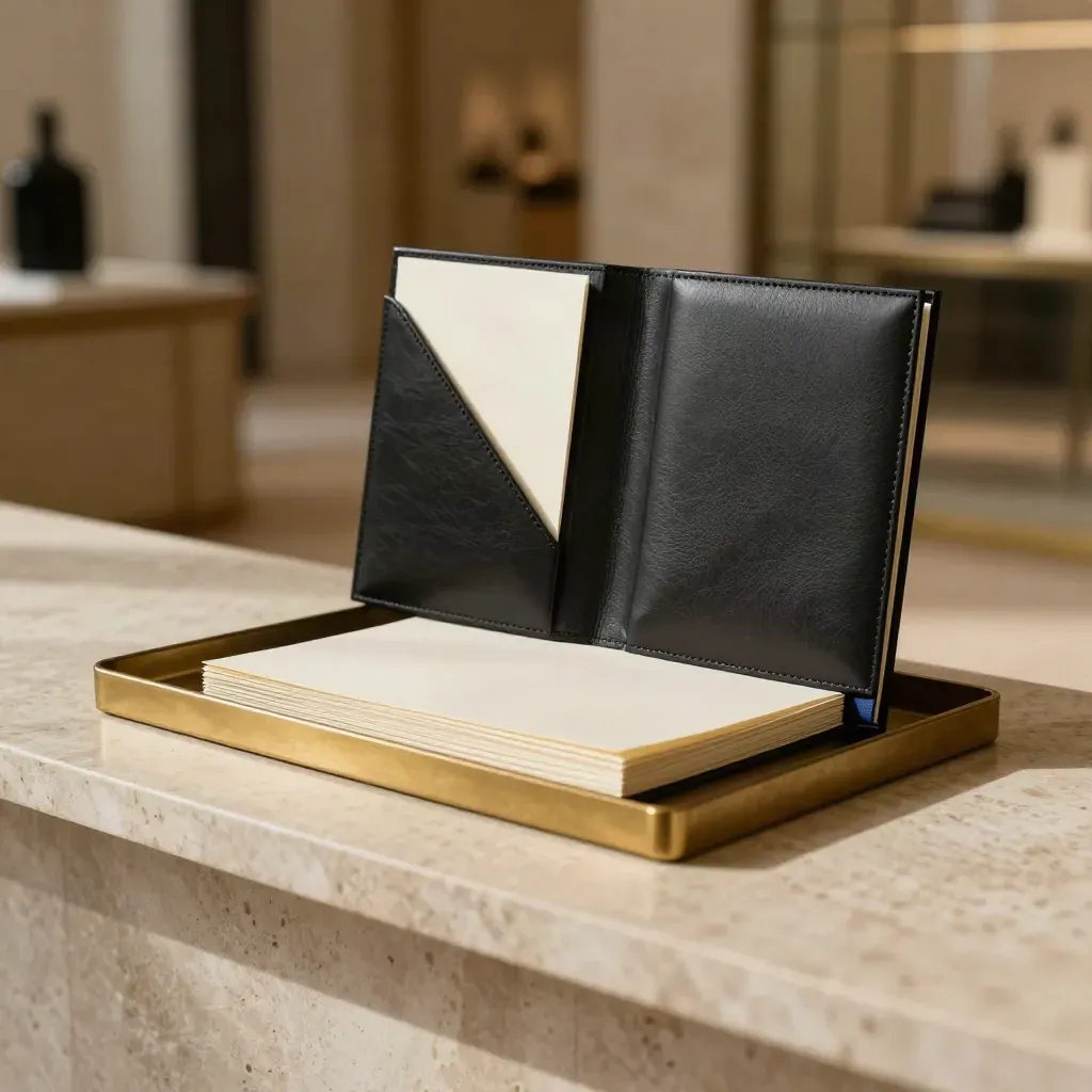 Black portfolio case with cream inserts and brass tray on travertine, softly lit