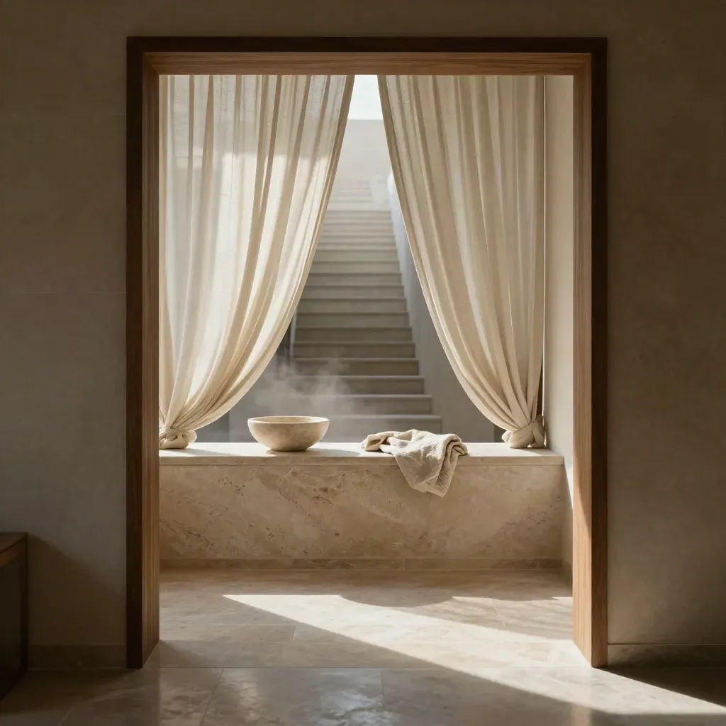 Sunlit limestone vestibule with sheer drapes, distant stair, and calm polished floor for luxury real estate.