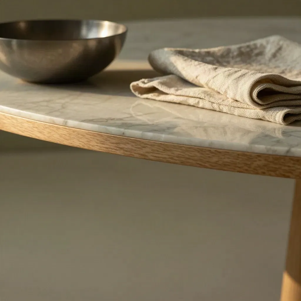 Marble tabletop, metal bowl, linen and oak edge in warm afternoon light