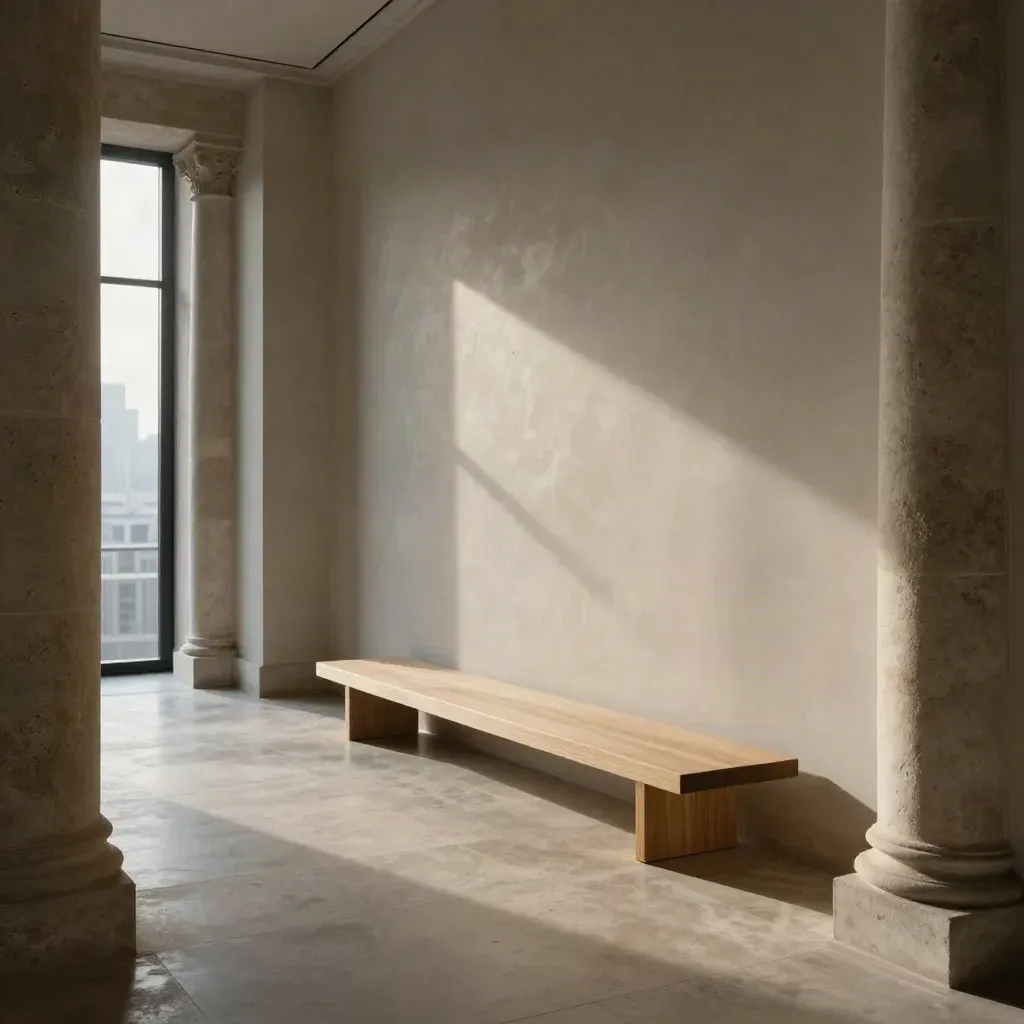 Sunlit luxury estate hall with stone columns, long corridor, and calm floor space for copy