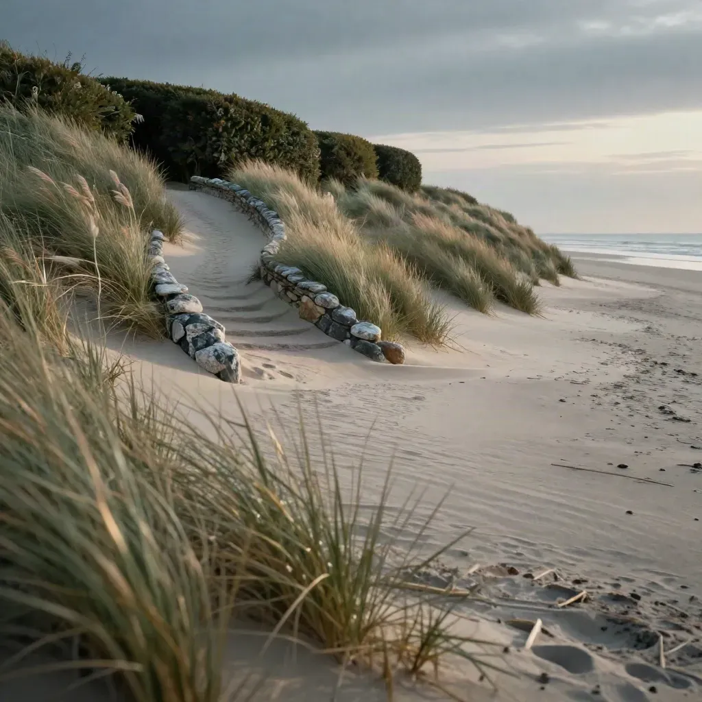 Windswept estate dune path with clipped hedges, pale grass, and a distant salt-air horizon at dusk.