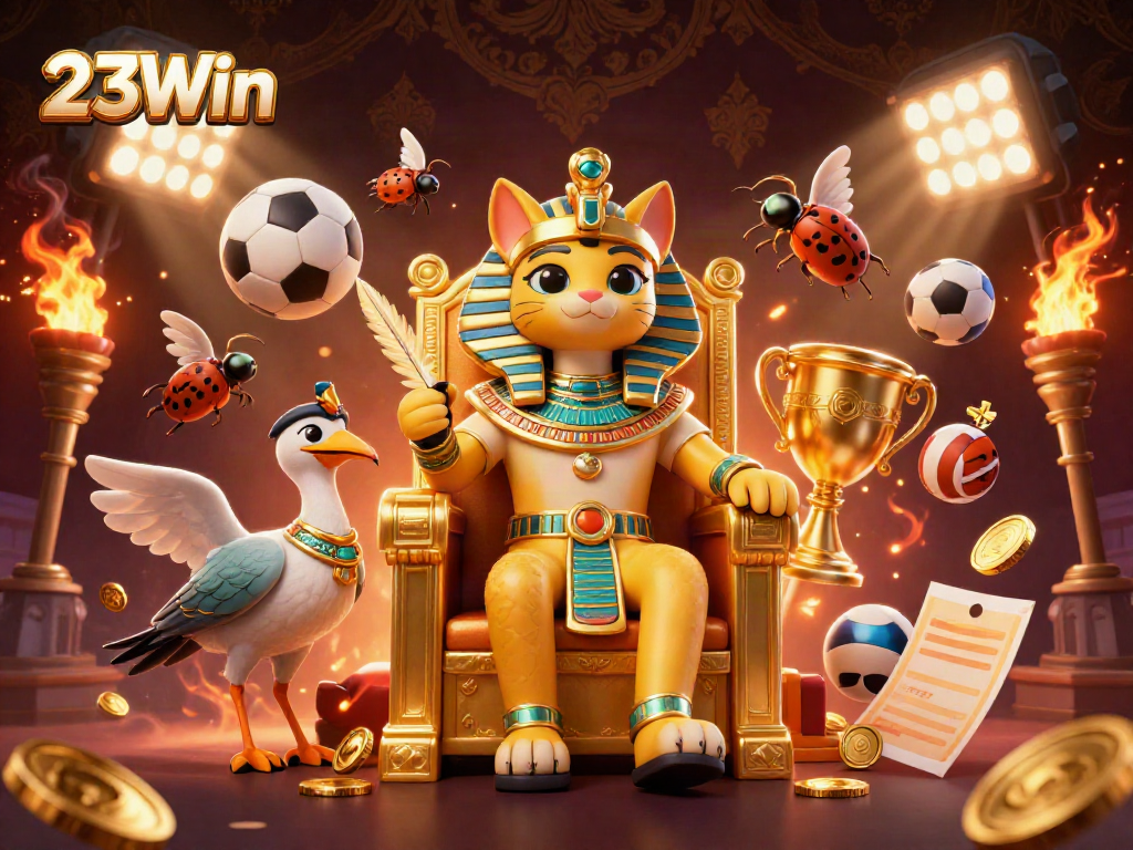 23Win showcases a vibrant 3D casino scene with animated pharaoh cat and dynamic gaming elements.