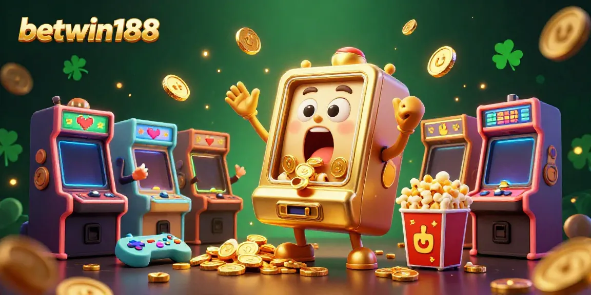 Mesin slot jackpot dengan betwin188, dikelilingi mesin slot kecil merayakan.