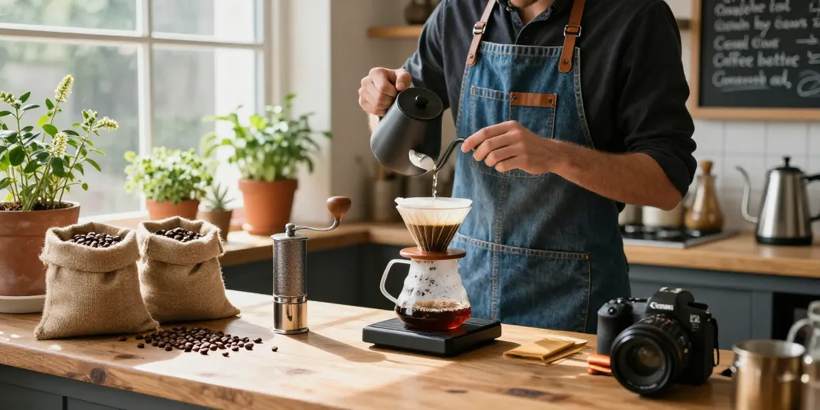 Pour-over coffee preparation scene with an apron from www.ebbfilter.com, showcasing artisanal coffee and a warm kitchen atmosphere.