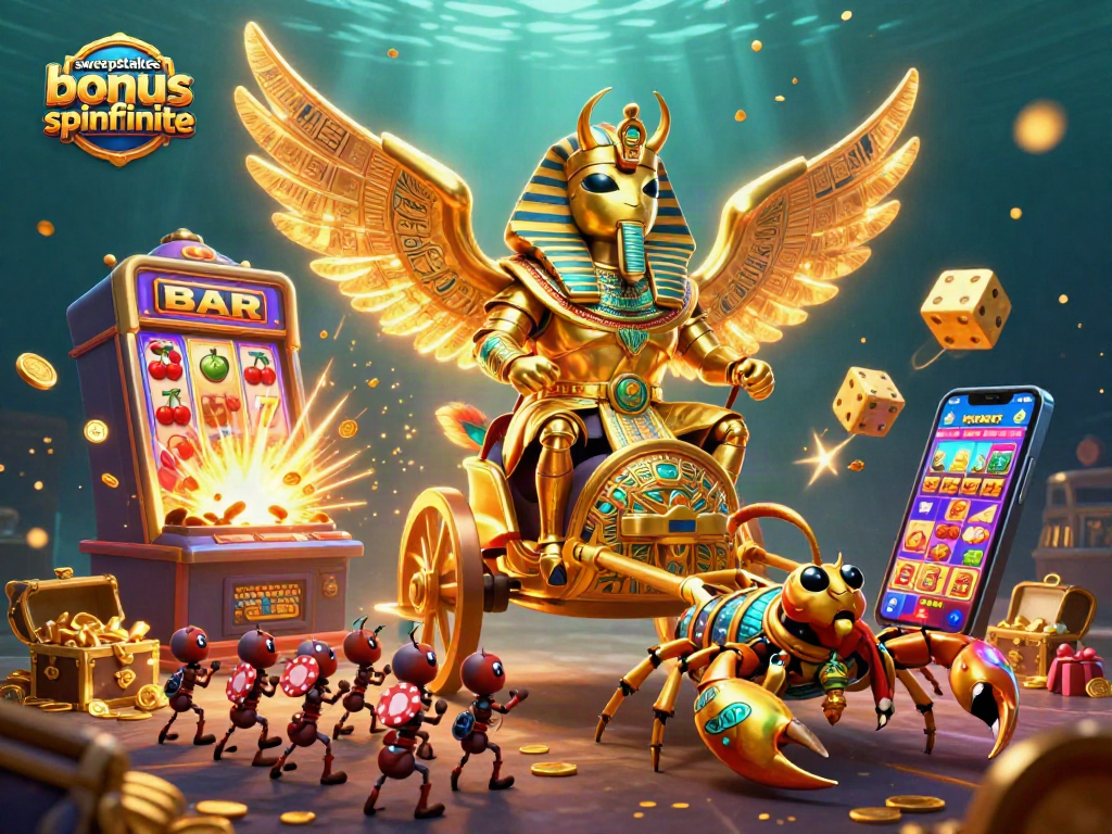 Experience the exciting sweepstakes casino bonus spinfinite with a dynamic scene of 3D characters and gaming elements.
