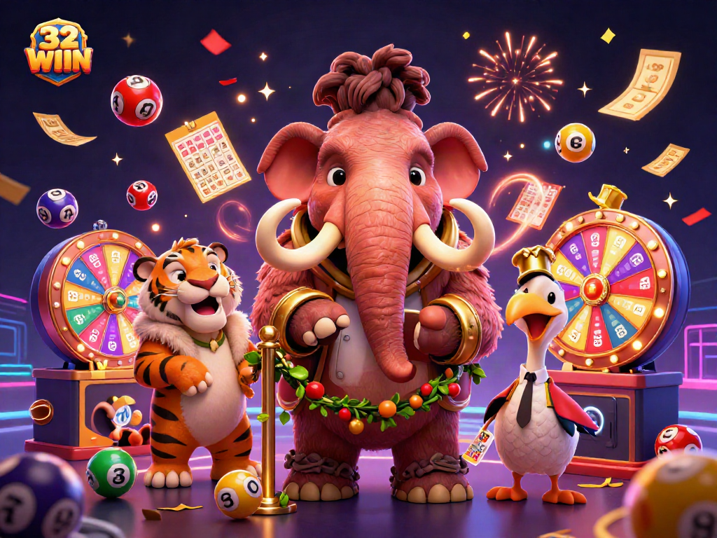 Experience thrilling excitement with 32WIN in this illustrated casino scene filled with lottery excitement.