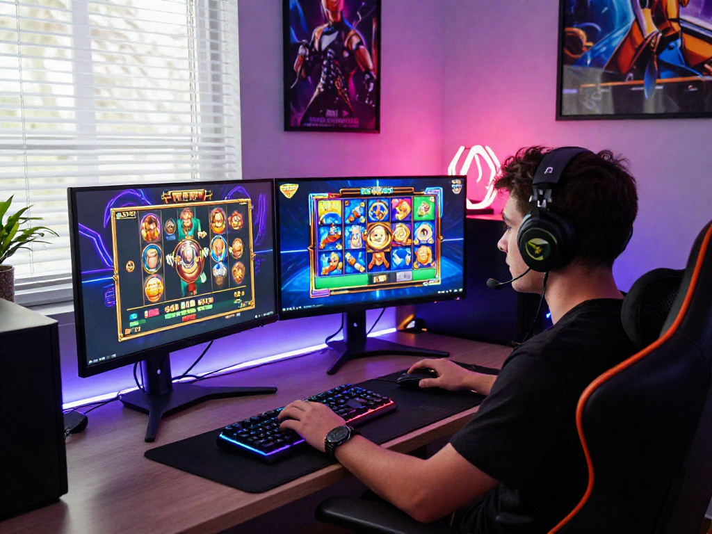 Engaged gamer enjoying a slot game on dual monitors in a vibrant gaming setup.