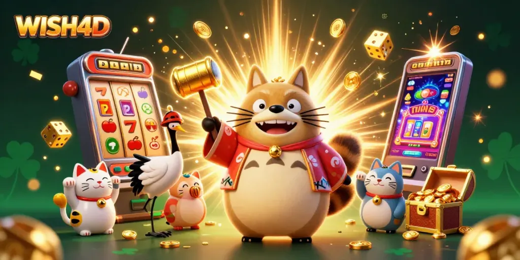 Experience the excitement of WISH4D with colorful characters and a jackpot scene from a vibrant casino.