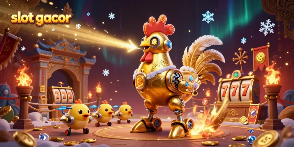 Engage with the exciting energy of slot gacor, featuring a golden rooster robot and baby chick drones amidst gold coins and dynamic gaming elements.