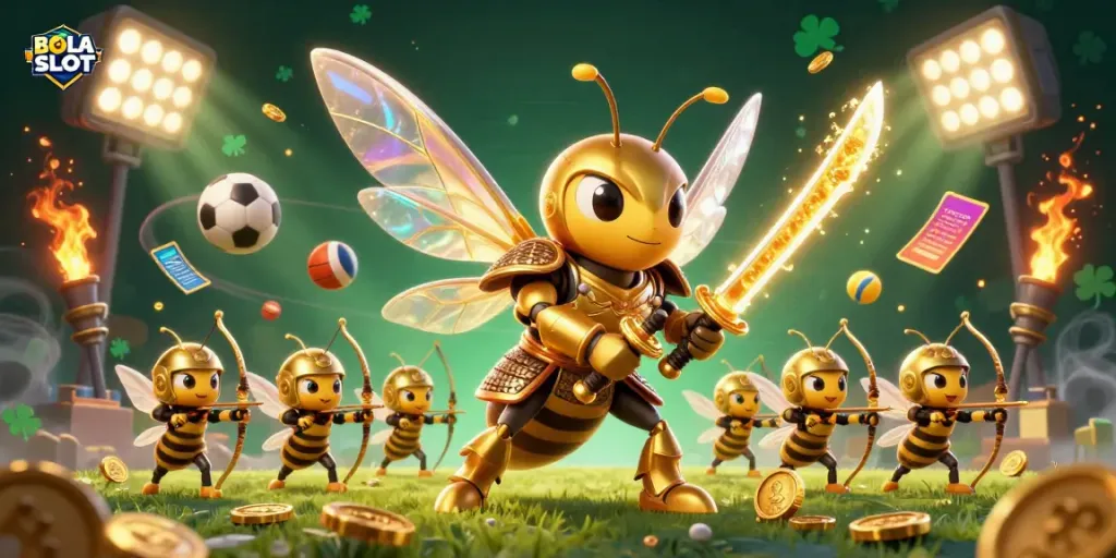BOLA SLOT features a dynamic illustration of a giant golden hornet in samurai armor surrounded by sports elements, depicting excitement in gambling.