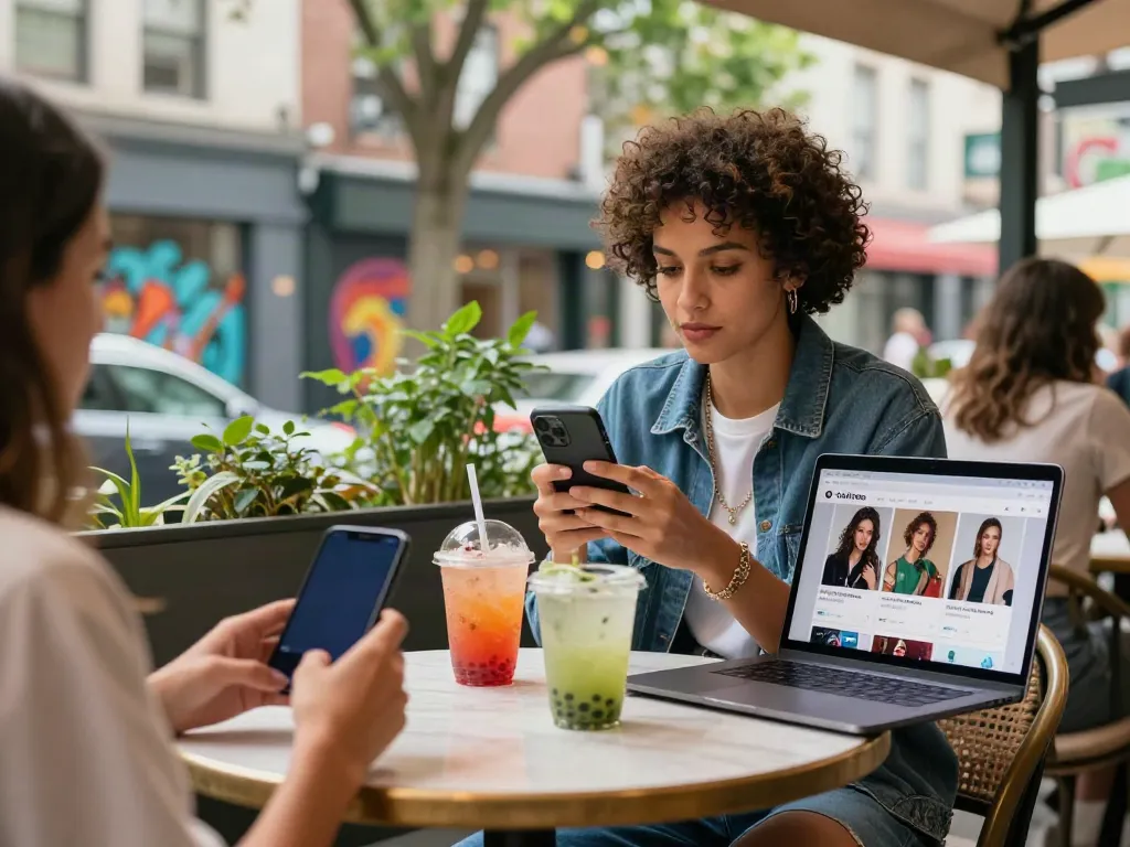Roma Army OnlyFans influencer engaging with followers in vibrant urban café setting