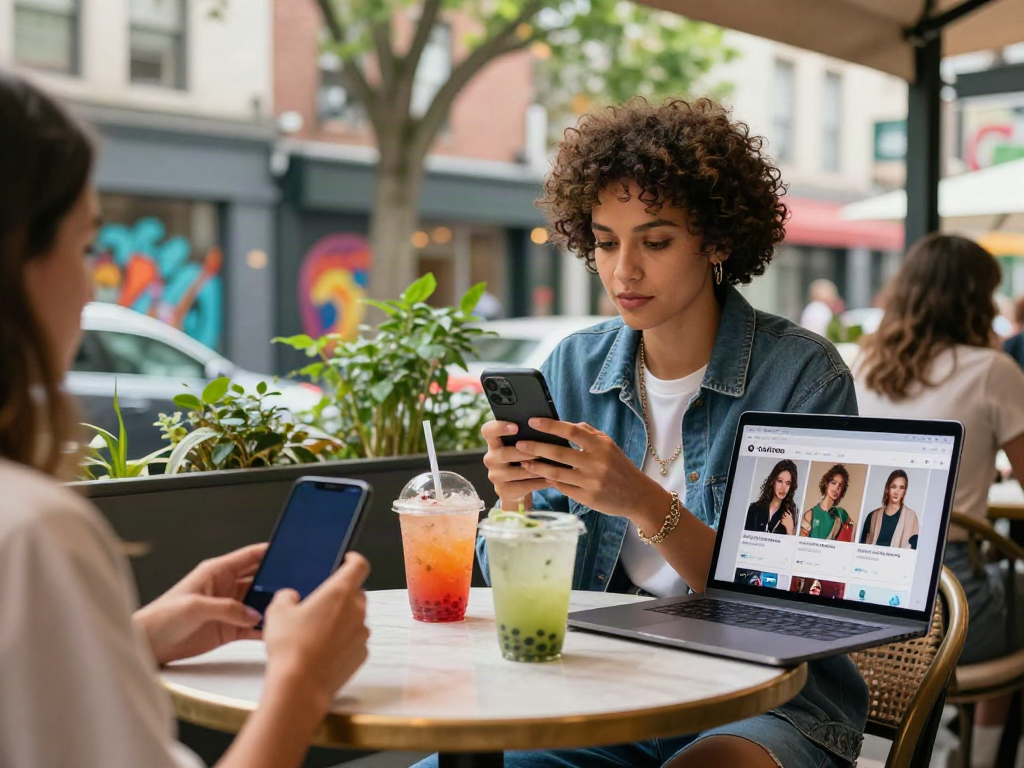 Roma Army OnlyFans influencer engaging with followers in vibrant urban café setting