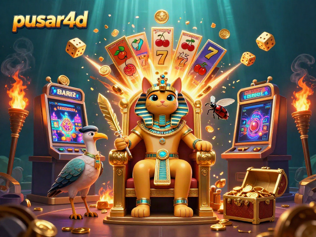 Pusar4d showcases a vibrant Egyptian-themed casino scene with characters celebrating a jackpot.
