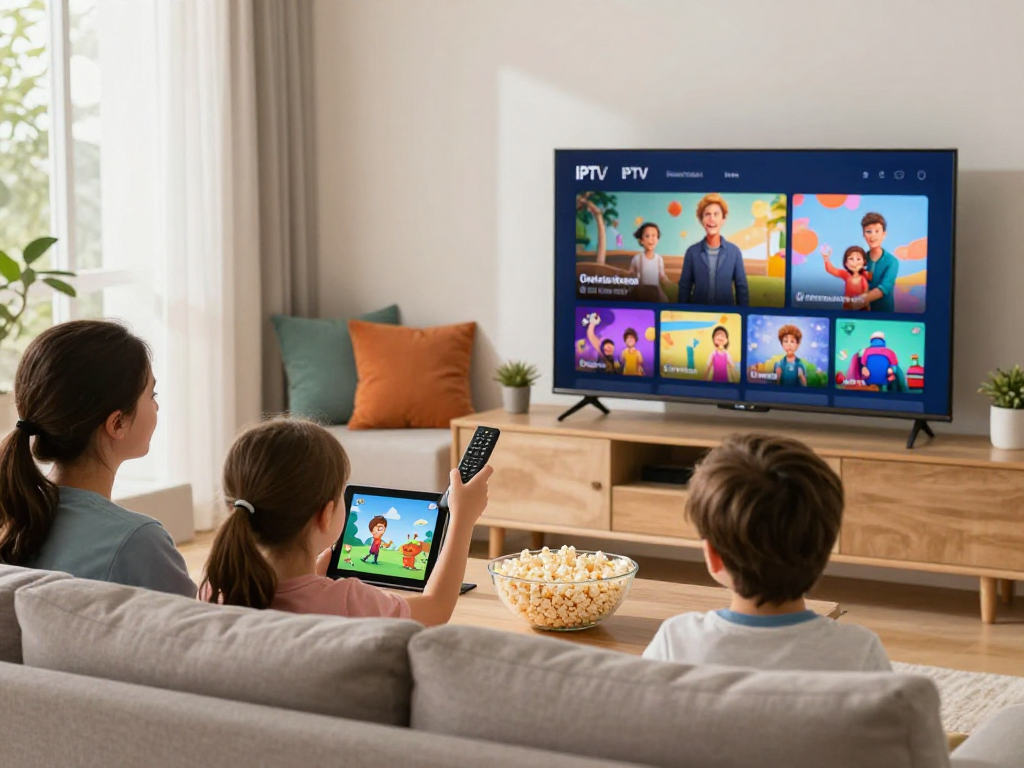 Gezellige woonkamer met familie die geniet van hun iptv aanbieder in 4K kwaliteit.