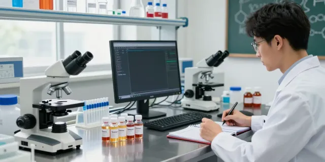 Researcher examines Semax peptide vials in a bright lab, emphasizing quality and transparency.