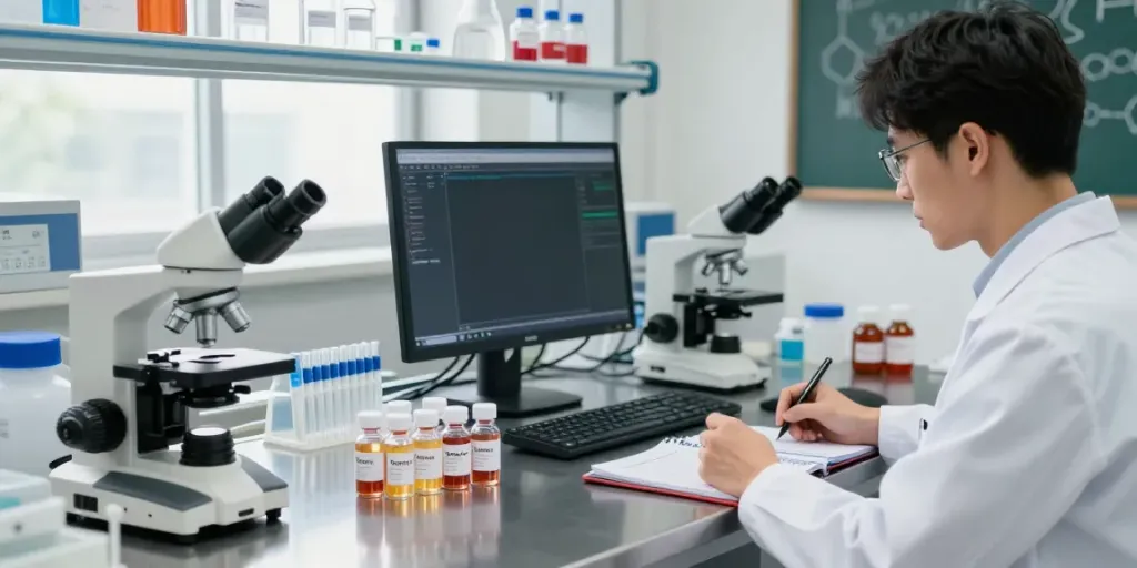 Researcher examines Semax peptide vials in a bright lab, emphasizing quality and transparency.