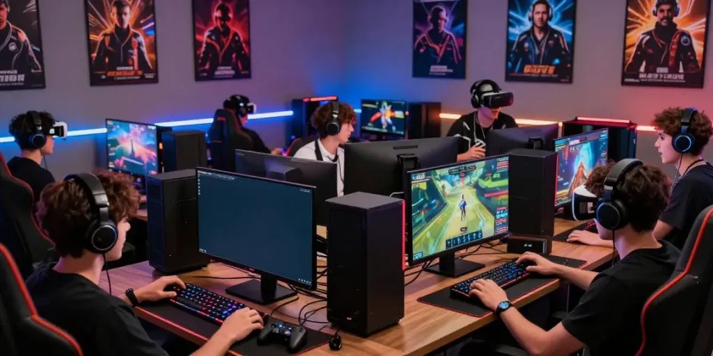 Exciting scene of players immersed in online gaming session with vibrant graphics and high-tech setups.