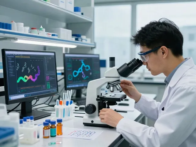 An analysis of ac peptide in a bright laboratory setting with colorful vials and high-tech equipment.