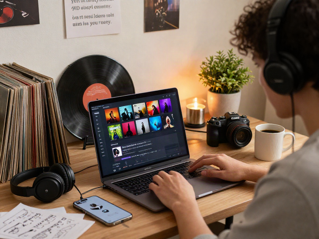 Creating playlists on a laptop with spotify mod apk and music decor in a cozy studio