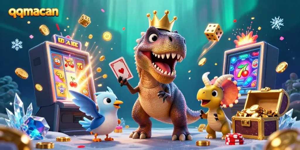 Experience the excitement of qqmacan with a playful dinosaur scene in a vibrant casino.