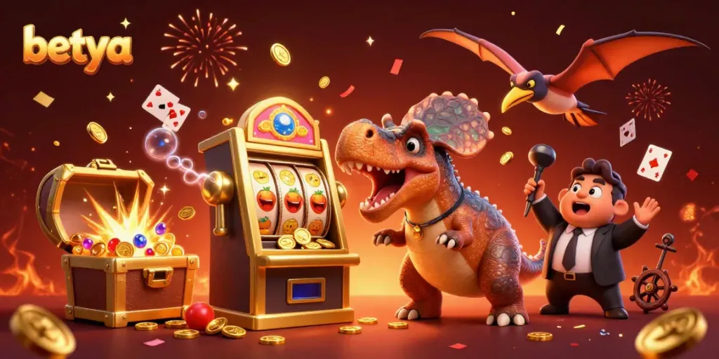 Betya casino pachycephalosaurus wins jackpot at a golden slot machine bursting with coins.