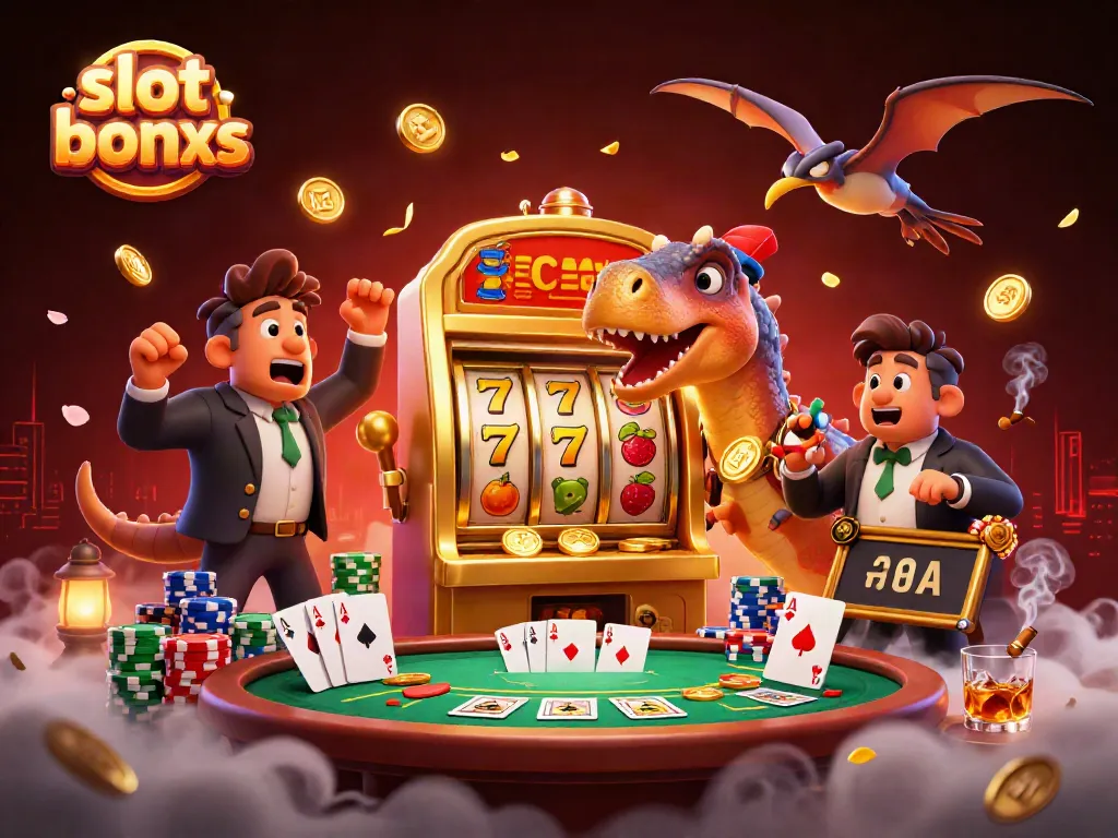 Enjoy exciting slot bonus wins with a cartoon dinosaur celebrating jackpots in a vibrant casino scene.
