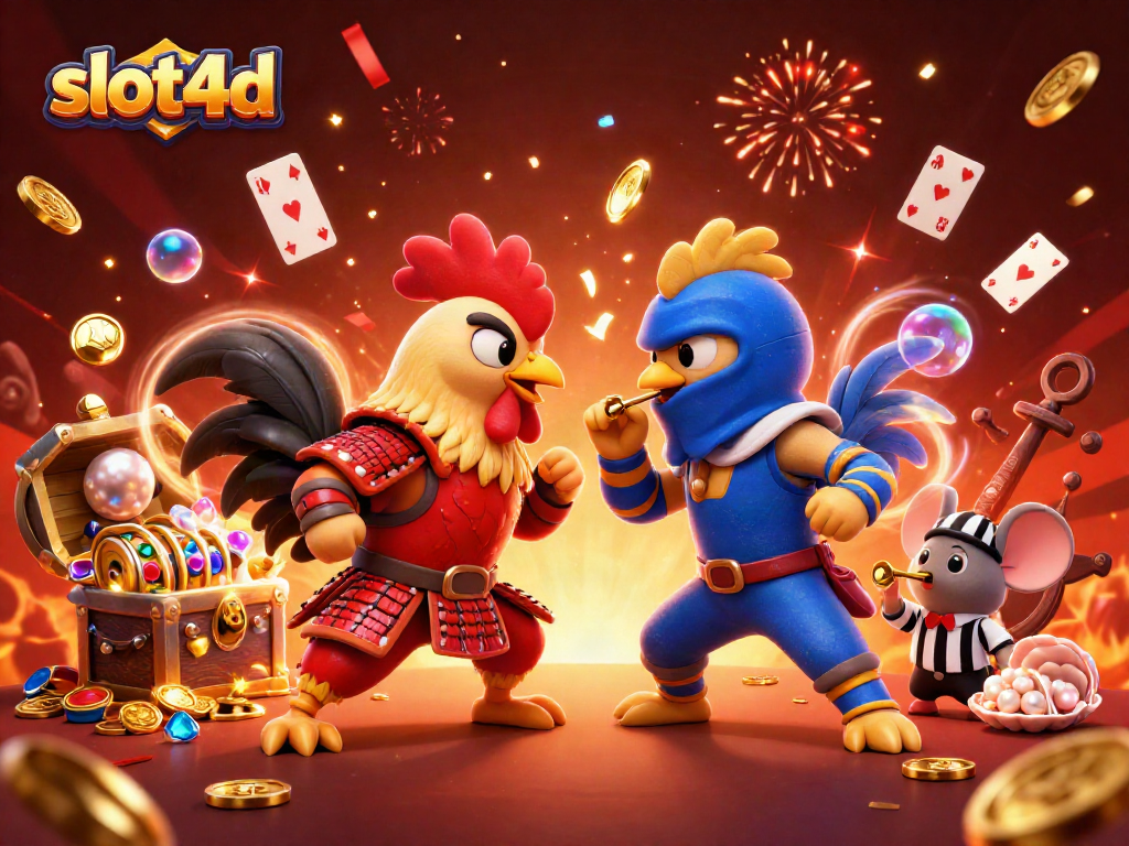 Engage with thrilling slot4d gameplay featuring battling roosters and dynamic casino elements.