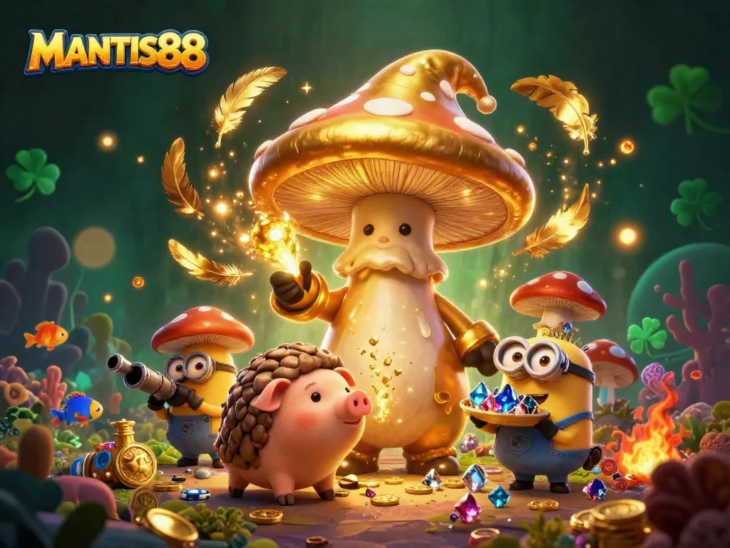 Engage in exciting fish shooting adventures with MANTIS88's magical underwater scene featuring a wizard and treasure pig.