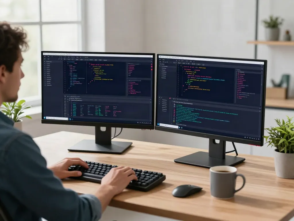 v2rayN官网 software development workspace with coding screens and modern workspace elements