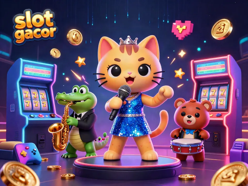 Experience thrilling wins with slot gacor games featuring a jazzy cat and musical friends in this vibrant casino scene.