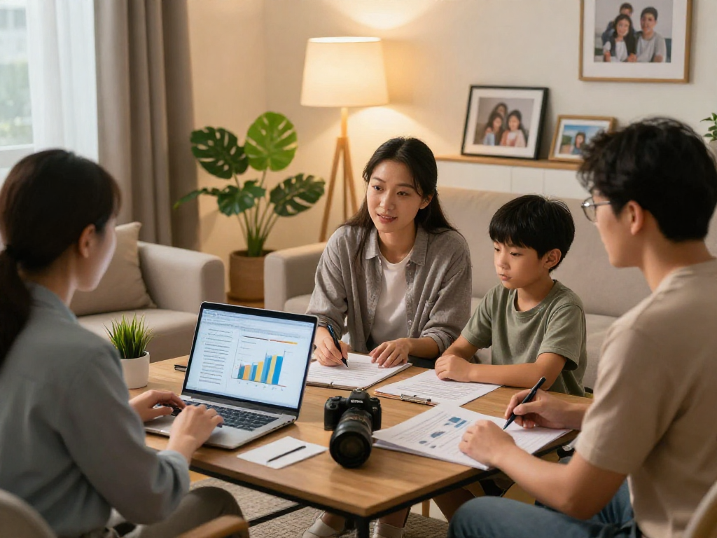 Family discussing credit consolidation options in a warm living room