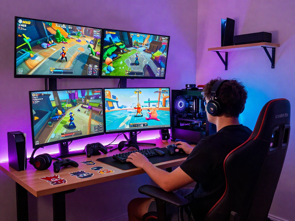 Dynamic gaming setup featuring MOD Games gameplay and vibrant atmosphere, showcasing a lively home gaming environment.