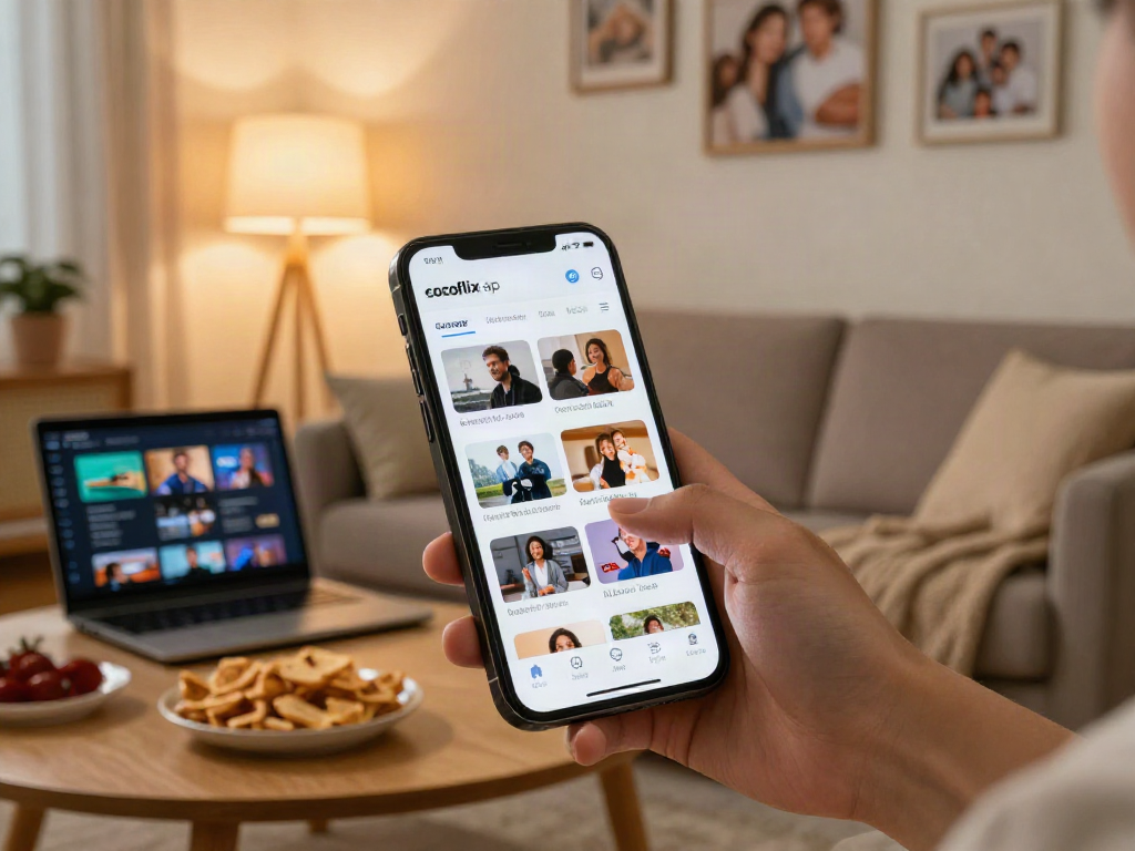 Cocoflix apk showcased on smartphone in cozy living room
