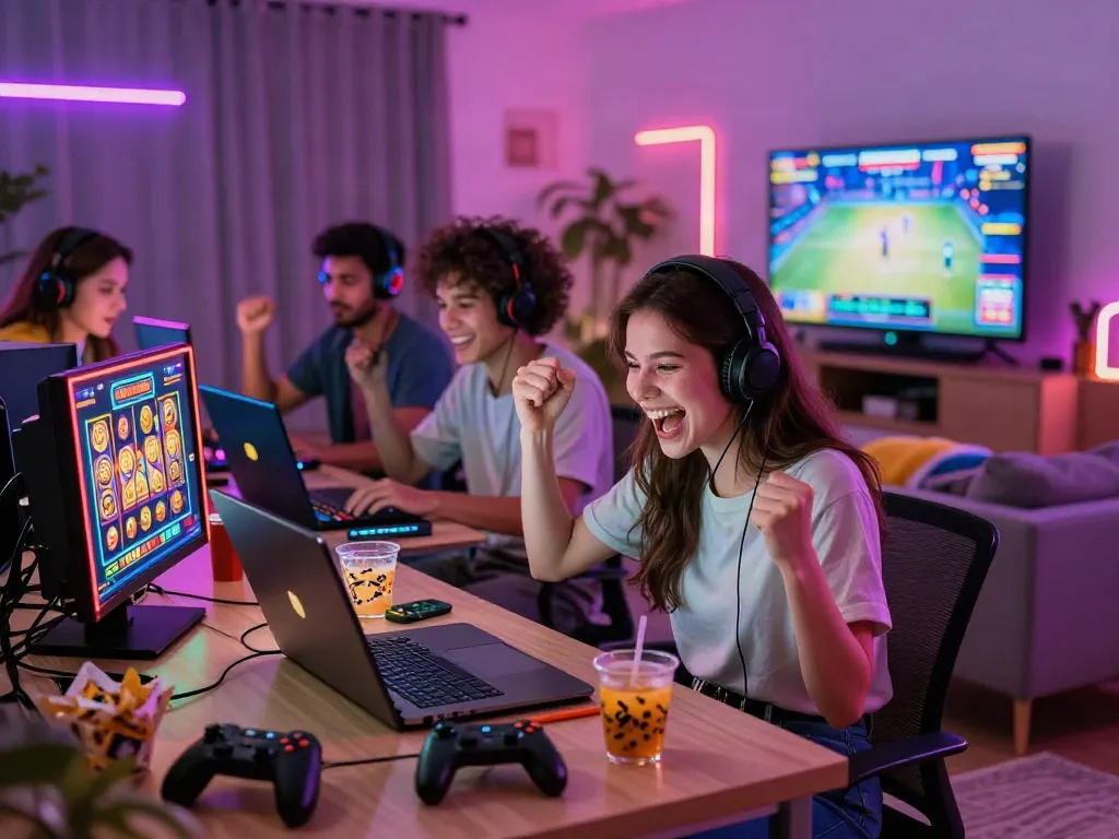 Friends enjoying thrilling slot gacor hari ini in a lively gaming room.
