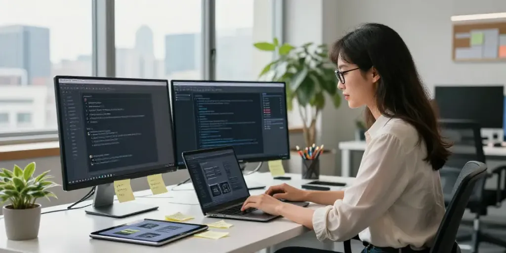 AI content generation software workspace with professional woman and laptop.