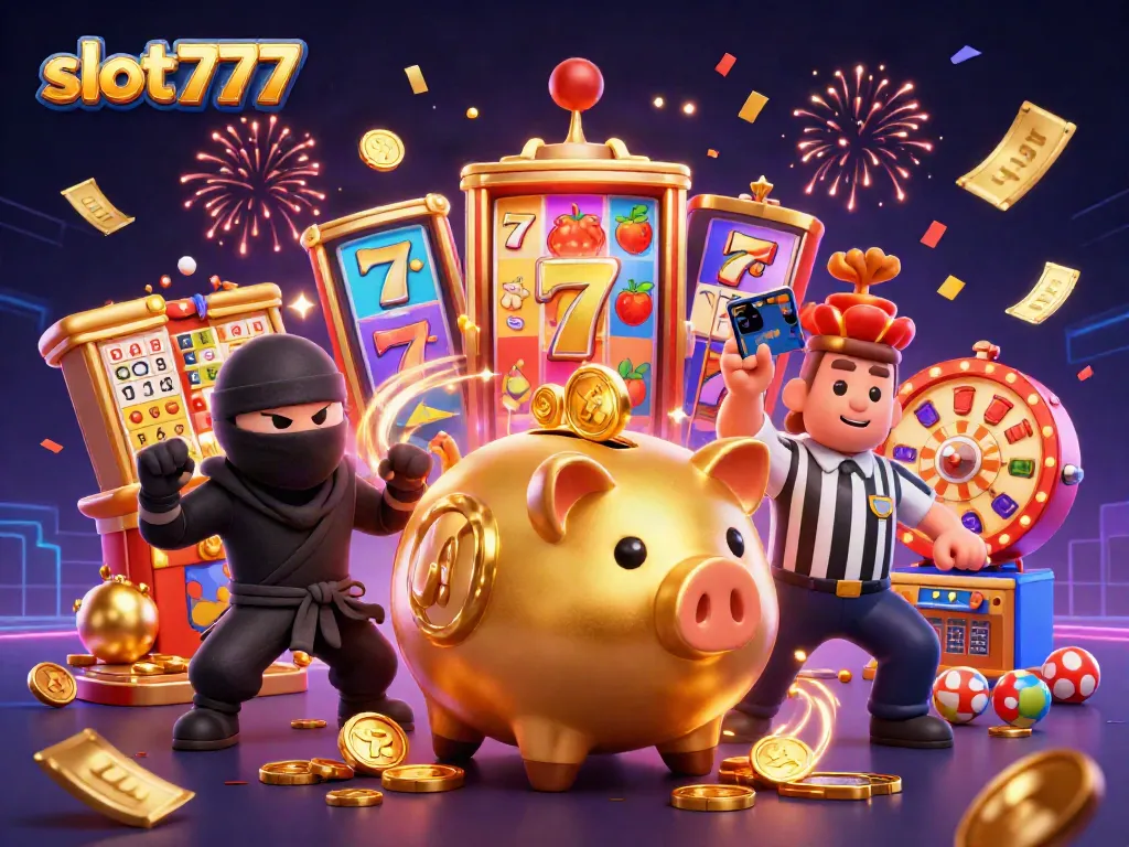 action-packed slot777 themed illustration depicting a golden piggy bank sumo wrestler and dynamic game elements
