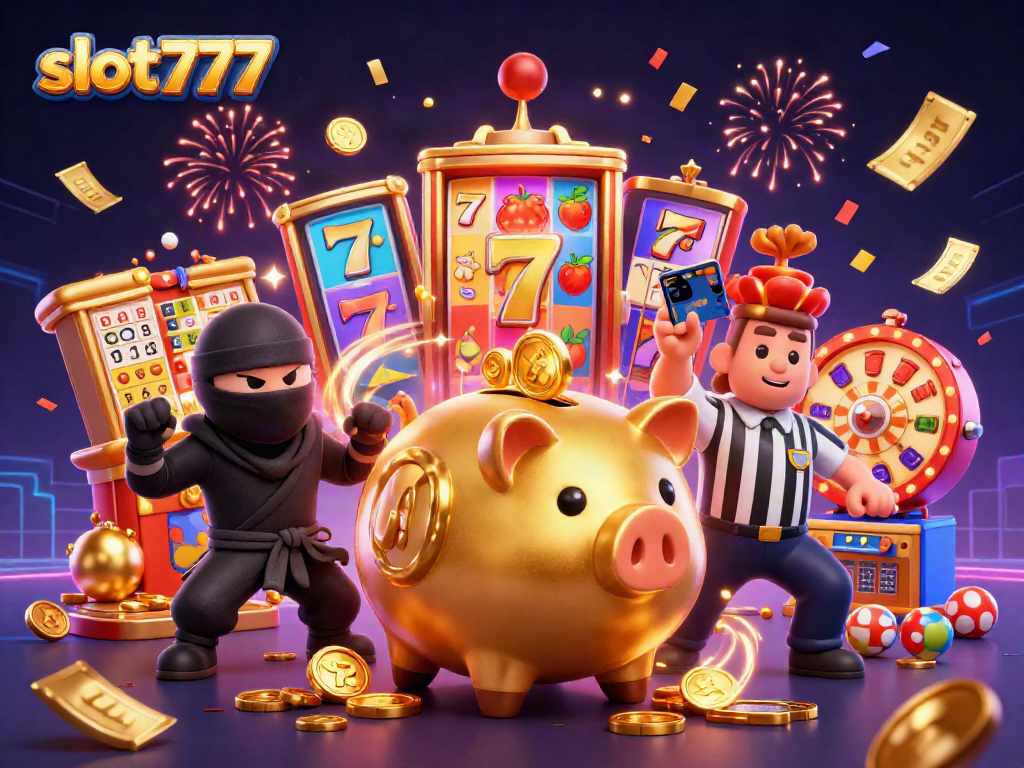 action-packed slot777 themed illustration depicting a golden piggy bank sumo wrestler and dynamic game elements
