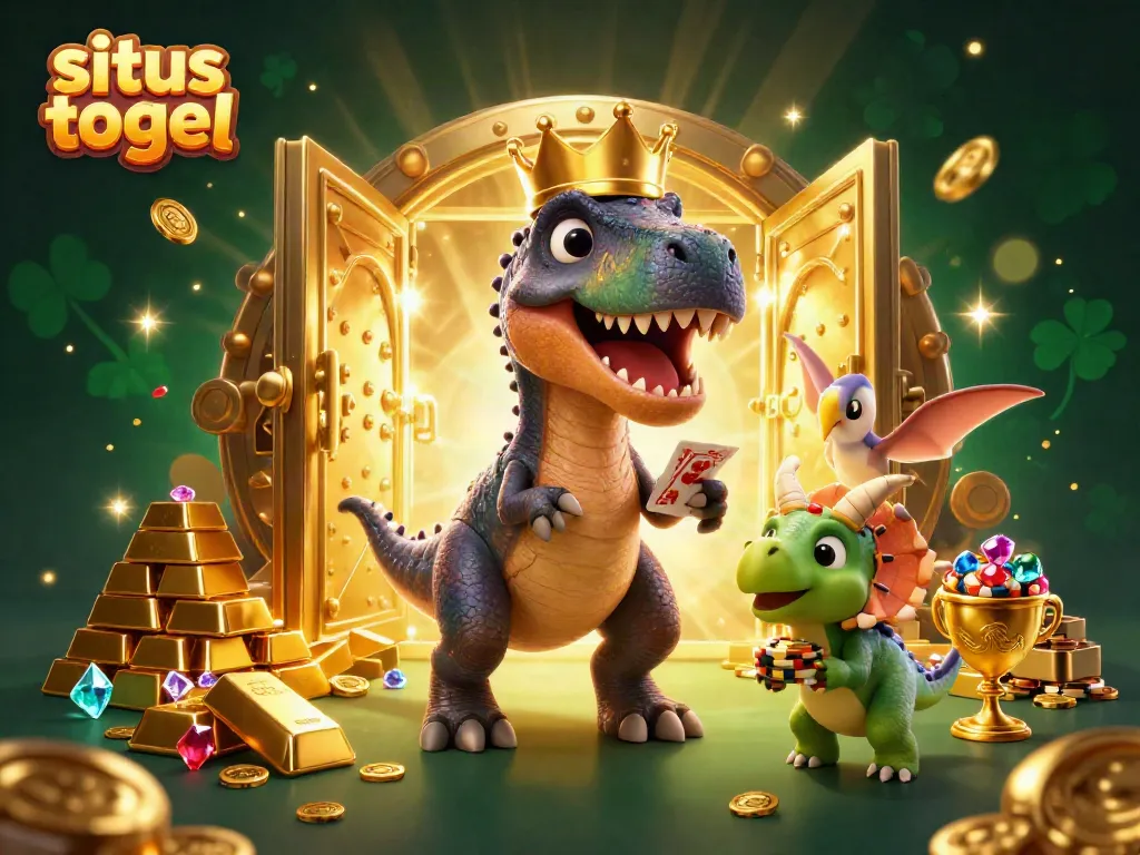 Engaging scene showcasing situs togel elements with dinosaur characters, gold treasures, and vivid casino atmosphere.