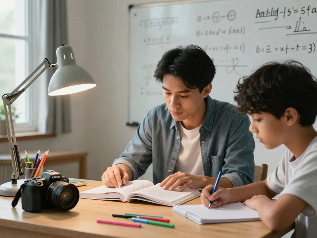 Engaging physics tuition session with tutor and student in a cozy study space.