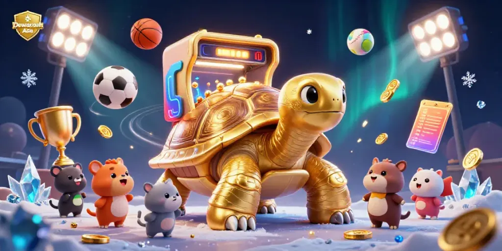 Dewacash Asia sports fantasy with animated characters, golden tortoise pinball machine, and dynamic sports elements.