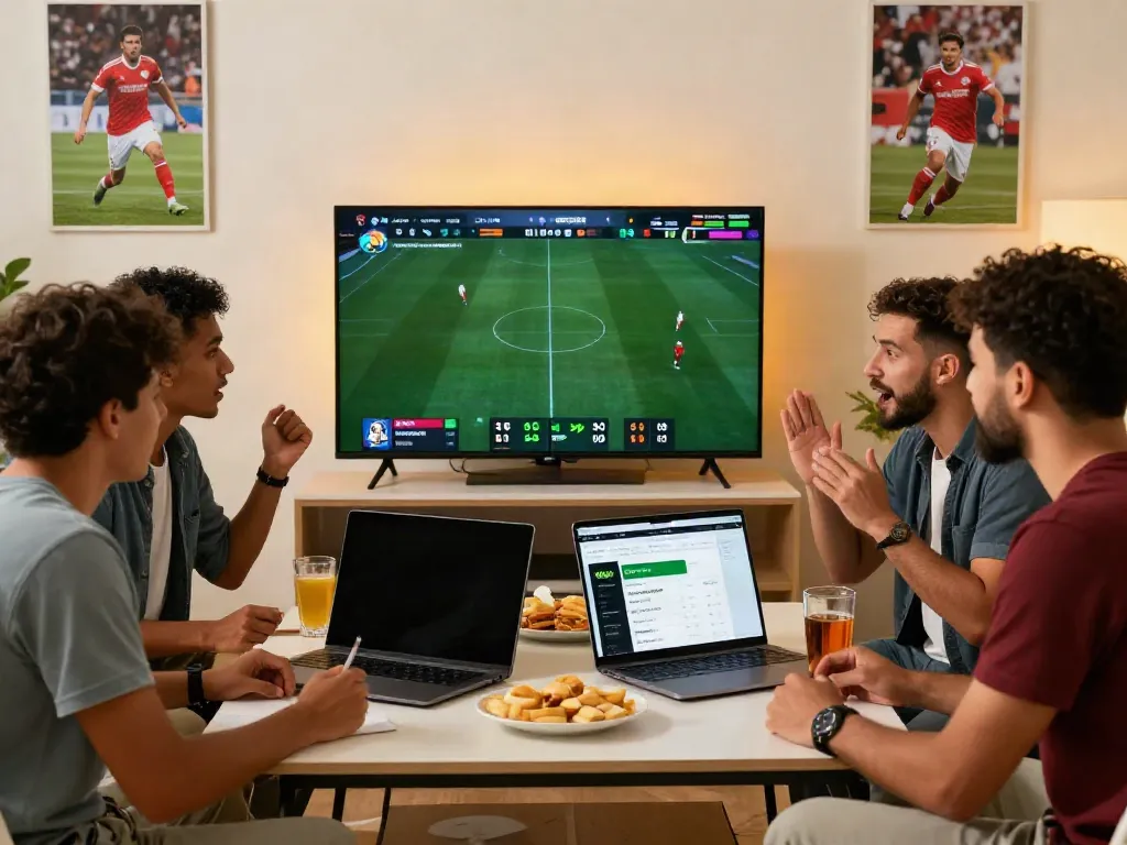 Excited friends discussing soccer betting odds on WWBOLA in a vibrant living room.