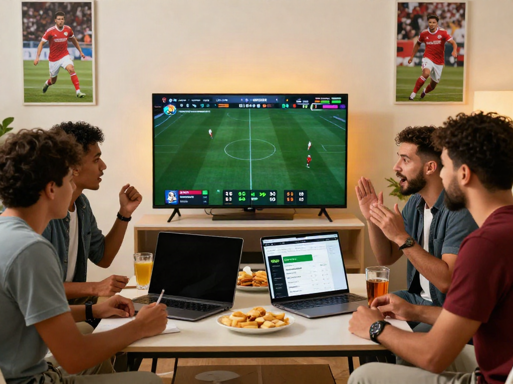 Excited friends discussing soccer betting odds on WWBOLA in a vibrant living room.