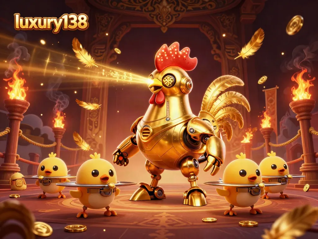 Experience the thrill of luxury138 gaming with dynamic golden rooster robots and vibrant casino elements