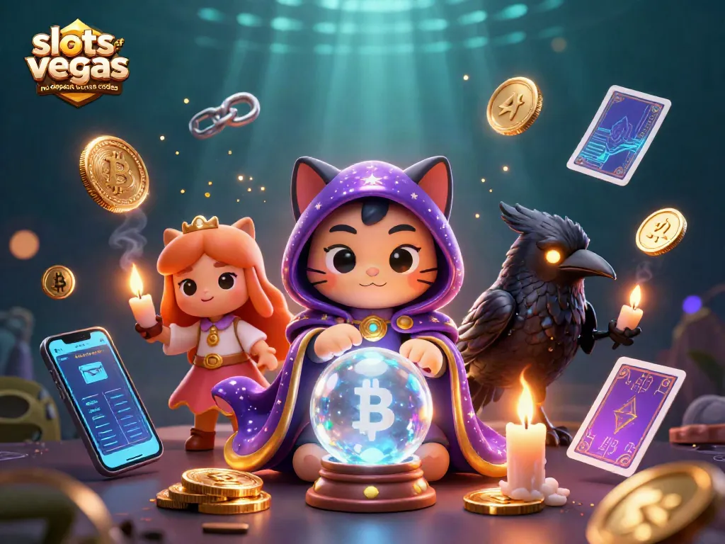 Experience exciting slots of vegas no deposit bonus codes with a vivid 3D casino illustration featuring a fortune teller cat and glowing crypto elements.
